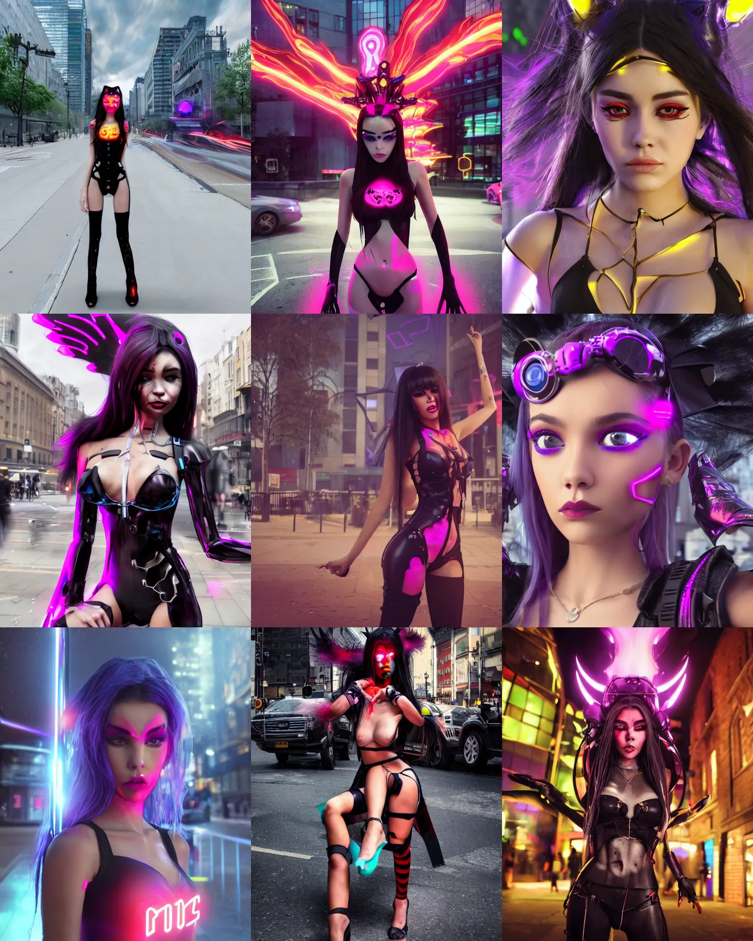 Prompt: young woman madison beer as an edc rave devil girl cyborg waiting at a bus stop in downtown london, octane render, anime, trending on artstation, unreal engine, volumetric lighting, concept art, sci - fi, photoreal, sweating, pouty face, looking at camera, symmetrical, greg rutkowski, wlop, carlos ortega artstation, lei yan, yanlei