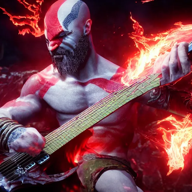 Image similar to glowing demon eyes kratos shredding on a flaming stratocaster guitar, cinematic render, god of war 2 0 1 8, santa monica studio official media, flaming eyes, lightning