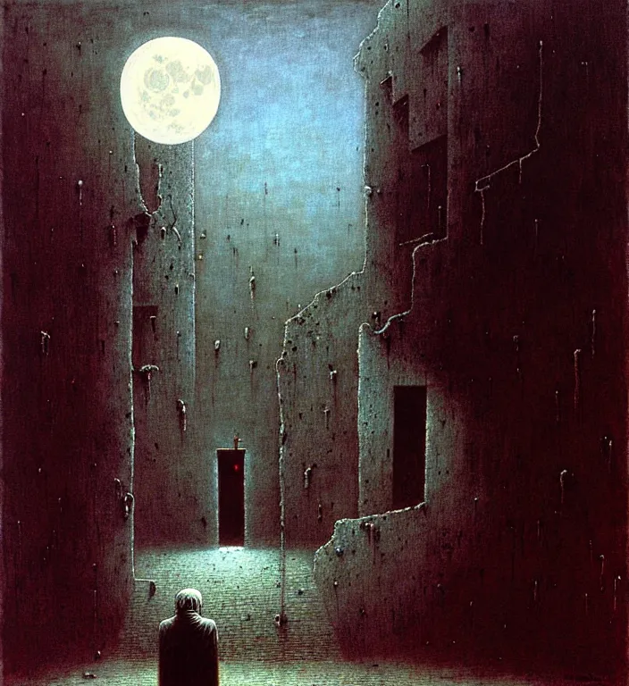 Prompt: old white - headed man under the huge moon on a street of ruined city by beksinski