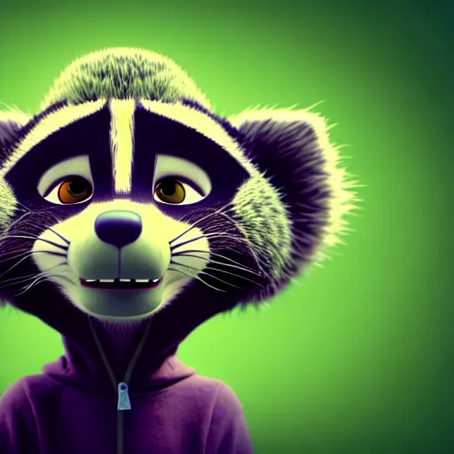 Prompt: a very relaxed stoner with a black hoodie on with a marijuana themed dark green raccoon head from zootopia, wearing beanie, smoking, 3 d, blender 3 d, render, extremely detailed, 8 k, detailed fur