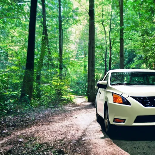 Image similar to color still of a 7 0 year old white woman driving a nissan sentra in a forest, bright sunny day,