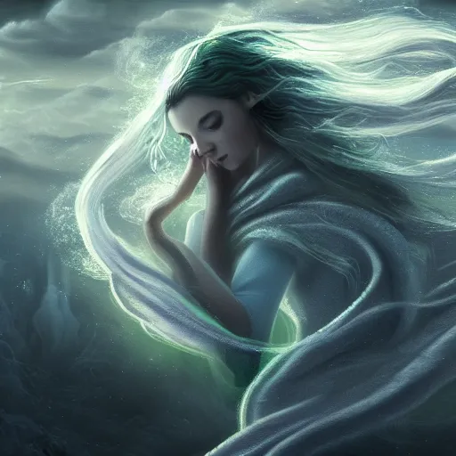 Prompt: swirls of smoke and snow whirl around a young woman wearing a long flowing cloak blowing in the wind, swirling flashes of gold and silver light, traces of green, cinematic lighting, fantasy painting, distant planet