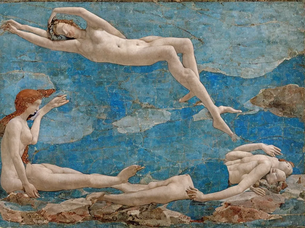 Image similar to broken, ruined marble greek sculpture of daphne lying in the waters. lapis - lazuli, turquoise, malachite, cinnabar, earth brown. painting by piero della francesca, balthus, agnes pelton