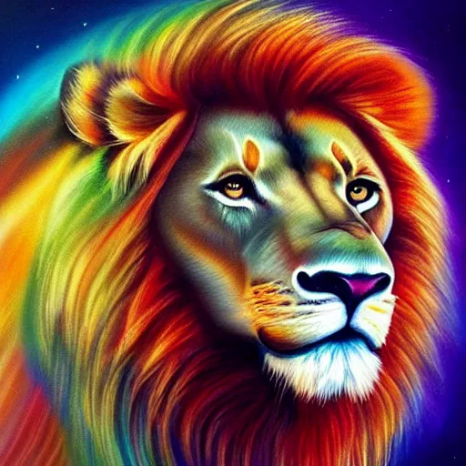 Prompt: luminescent colorful detailed airbrush painting of lion with long flowing mane