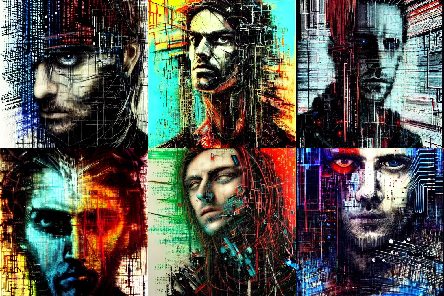 Prompt: hyperrealistic portrait of a cyberpunk man, long hair, by Guy Denning, Johannes Itten, Russ Mills, glitch art, glitch eyes, complex, close up, hacking effects, glitch effects, looking straight, digital tech effects, cybernetics, detailed lines, chromatic, color blocking!, acrylic on canvas, highly detailed, symmetrical eyes, symmetrical, octane, concept art, abstract, blue and black, 8k, cinematic, trending on artstation