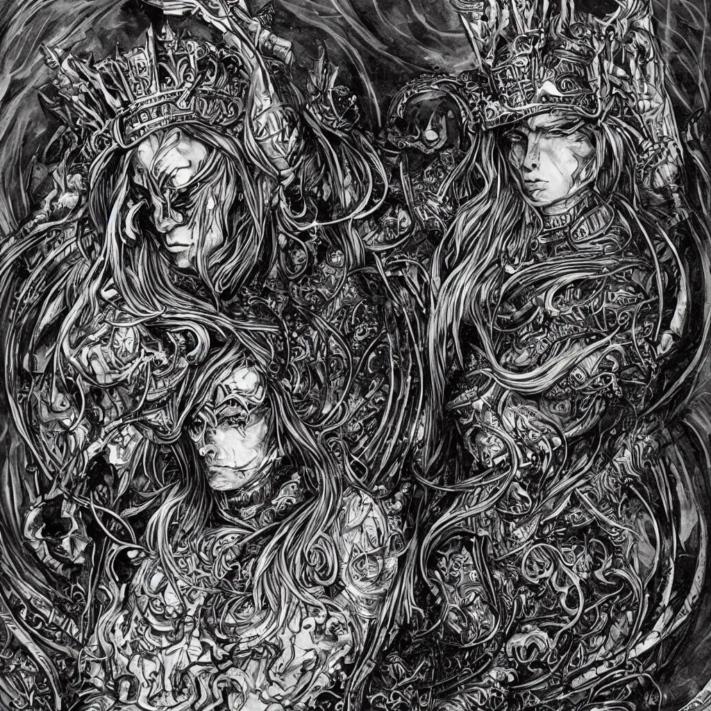 Image similar to A dramatic art nouveau bust portrait of Elric in black shining armor, holding a rune-engraved black broadsword that glows with eldritch power, wearing an intricately detailed chaos star crown, by P. Craig Russell, Michael Kaluta and Jia Ruan, fantasy, crisp lighting and edges, dark ambience, malevolent expression, determination, fear, confidence, accurate symmetrical facial details, aquiline facial features, medieval fantasy designs, white wolf, four color comic book style