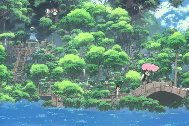 Prompt: still from the miyazaki anime film garden in the sky, a garden in the clouds, robot gardener, beautiful garden island, studio ghibli cartoon