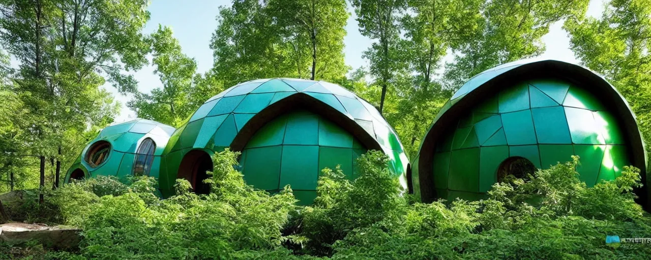 Image similar to spectacular green dome house by buckminster fuller and kristoffer tejlgaard, earthship, optimus sun orientation, north hemisphere,