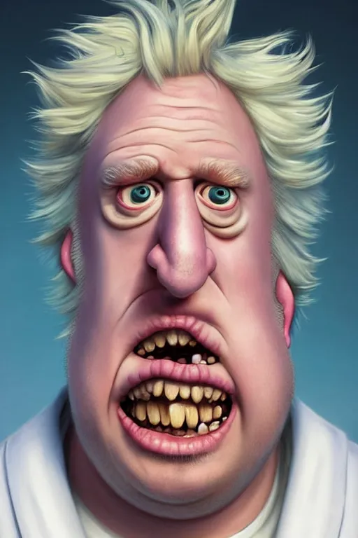 Image similar to Boris Johnson as a kind smiling Rick Sanchez from Rick and Morty, unibrow, white robe, big eyes, realistic portrait, symmetrical, highly detailed, digital painting, artstation, concept art, smooth, sharp focus, illustration, cinematic lighting, art by artgerm and greg rutkowski and alphonse mucha