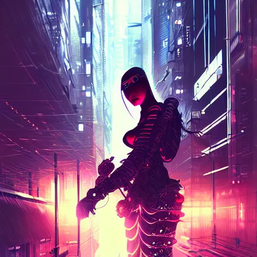 Image similar to portrait of a fierce dangerous cyberpunk hacker cyborg samurai in neotokyo at night, futuristic cyberpunk tokyo night, sci - fi and fantasy, intricate and very beautiful, highly detailed, digital painting, artstation, concept art, smooth and sharp focus, illustration, art by tian zi and wlop and alphonse mucha