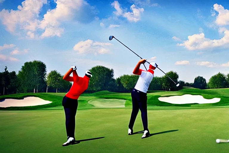 Image similar to Three golfers on beautiful driving range, Italian futurism