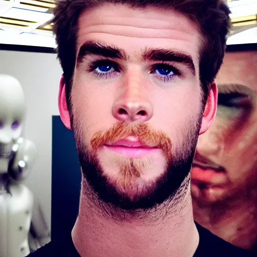 Image similar to “a realistic detailed photo of a guy who is an attractive humanoid who is half robot and half humanoid, who is a male android, actor Liam Hemsworth, shiny skin, posing like a statue, blank stare, at the museum, on display”