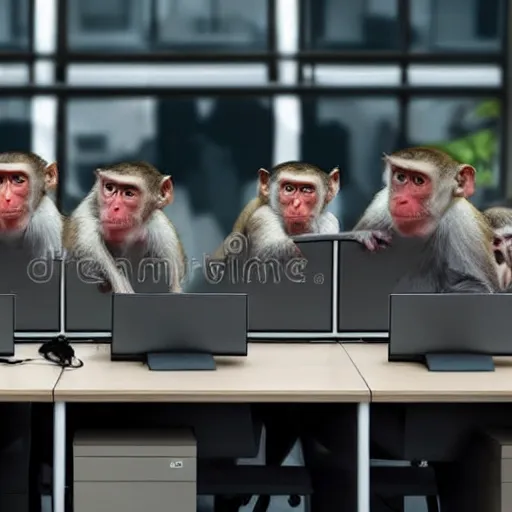Image similar to 2 5 monkeys using computers, in a well lit office, happy monkey faces, ( ( modern paintings on the walls ) ), photorealistic, studio lighting, stock photo, a real buzz, very busy office, telephones ringing and people chatting