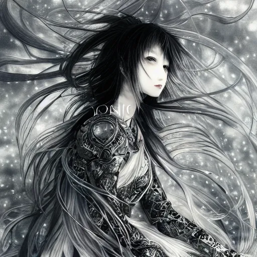 Image similar to yoshitaka amano blurred and dreamy illustration of an anime girl with black eyes, wavy white hair fluttering in the wind wearing elden ring armor and engraving, abstract black and white patterns on the background, noisy film grain effect, highly detailed, renaissance oil painting, weird portrait angle, blurred lost edges, three quarter view