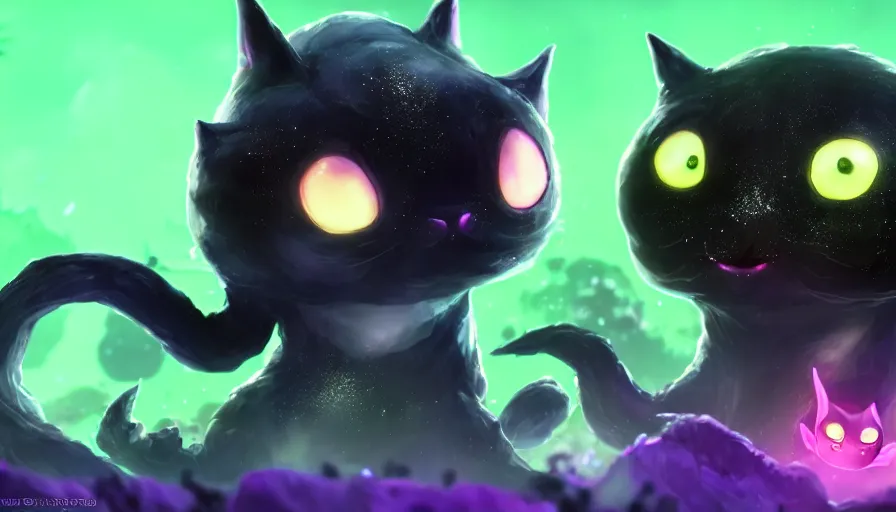 Prompt: a digital art portrait of black slime cat character design from ori and the blind forest, cute liquid ink cat character sheet, 4 k, ultra detail, volumetric lighting, unreal engine, octane render