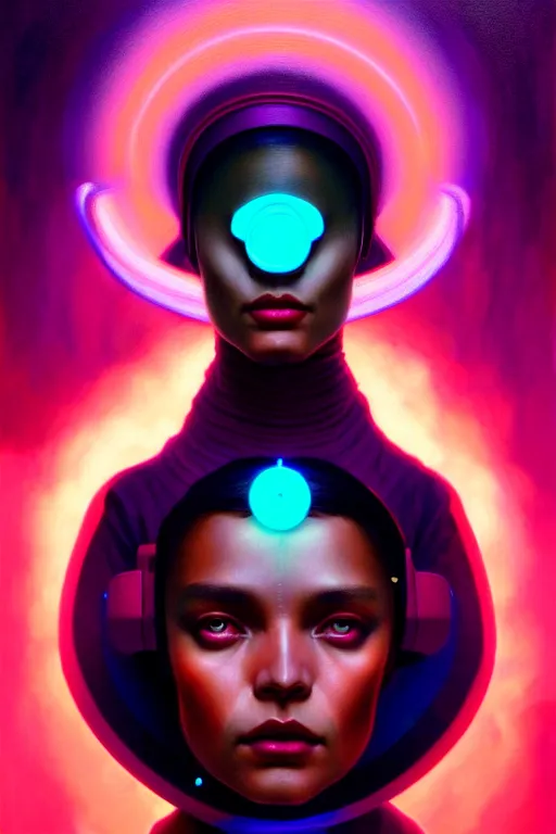 Image similar to patron saint of 🛸🌈👩🏾, futuristic clothing, neon god of city character portrait, in the style of moebius, tom bagshaw, and waterhouse, cinematic lighting, beautiful, elegant, oil painting,