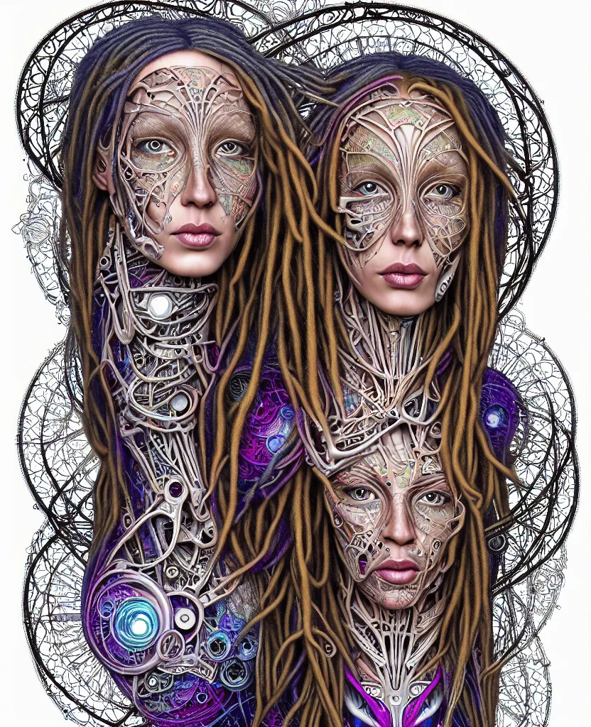 Image similar to full colour photographic beautiful biomechanical female blonde dreadlock cyborg, realistic skin, geometrical octagonal lace tattoos, alexander mcqueen, art nouveau fashion embroidered, futuristic android jones style steampunk, trippy lsd hippie, craftsmanship, intricate silver filigrees, hexagonal mesh wire, mandelbrot fractal spiral mandala, alex grey, giger, hyperreal, photorealistic