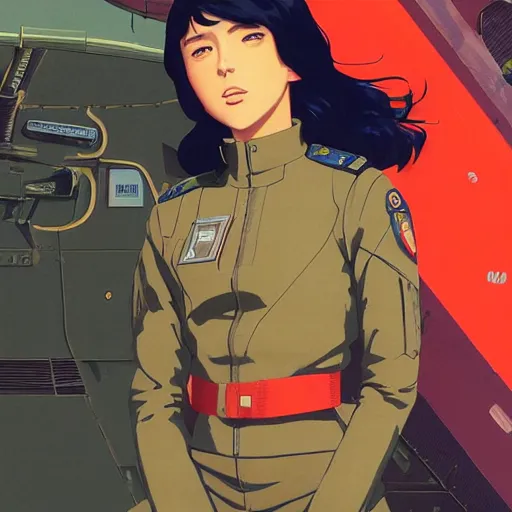 Image similar to A Beautiful young female military pilot , sitting in her jet || VERY ANIME, fine-face, realistic shaded perfect face, fine details. Anime. realistic shaded lighting poster by Ilya Kuvshinov katsuhiro otomo ghost-in-the-shell, magali villeneuve, artgerm, Jeremy Lipkin and Michael Garmash, Rob Rey and Kentarõ Miura style, trending on art station