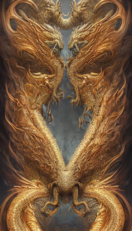 Prompt: huge beautiful dragon made of fractals with guilded swirls of a very intricate, very detailed face of a butterfly dragon, trending on artstation