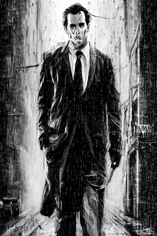 Prompt: black and white illustration of Patrick Bateman in a rainy street, neo noir style, Frank Miller creative design, body horror, high detail