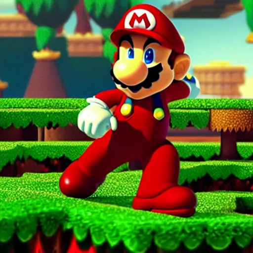 Prompt: Mario jumping off a white and red spotted mushroom, Mario brothers theme, mushroom kingdom in background, landscape, beautiful, colorful, cinematic composition, exotic plants, goombas,