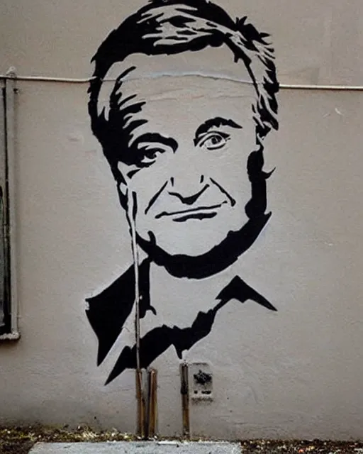 Image similar to A banksy tribute to Robin Williams, street art, detailed, gorgeous lighting