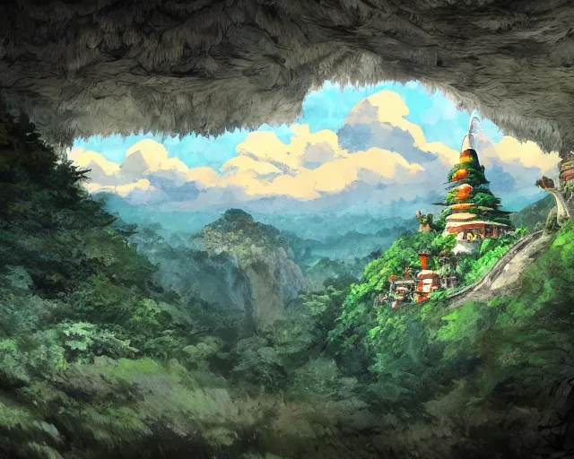 Image similar to mountain overseeing fantasy village next to a forest, studio ghibli style, hayao miyazaki, award winning photograph, highly detailed, artstation