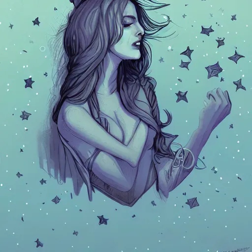 Image similar to 🛌🌘🌌🪐, dream weaver, artstation, digital art, pencil illustration, comic art