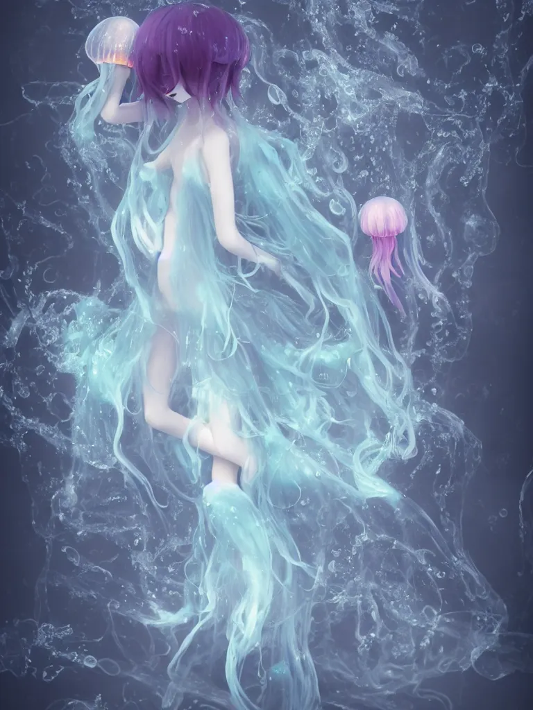 Prompt: cute fumo plush of an otherworldly translucent jellyfish goth girl floating in the deep sea, mysterious tattered maiden tendrils and dress, anime, heavy rain reflective water surface, glowing lens flare wraith girl, wisps of volumetric fog and smoke in refracted vortices, vignette, bokeh, vray