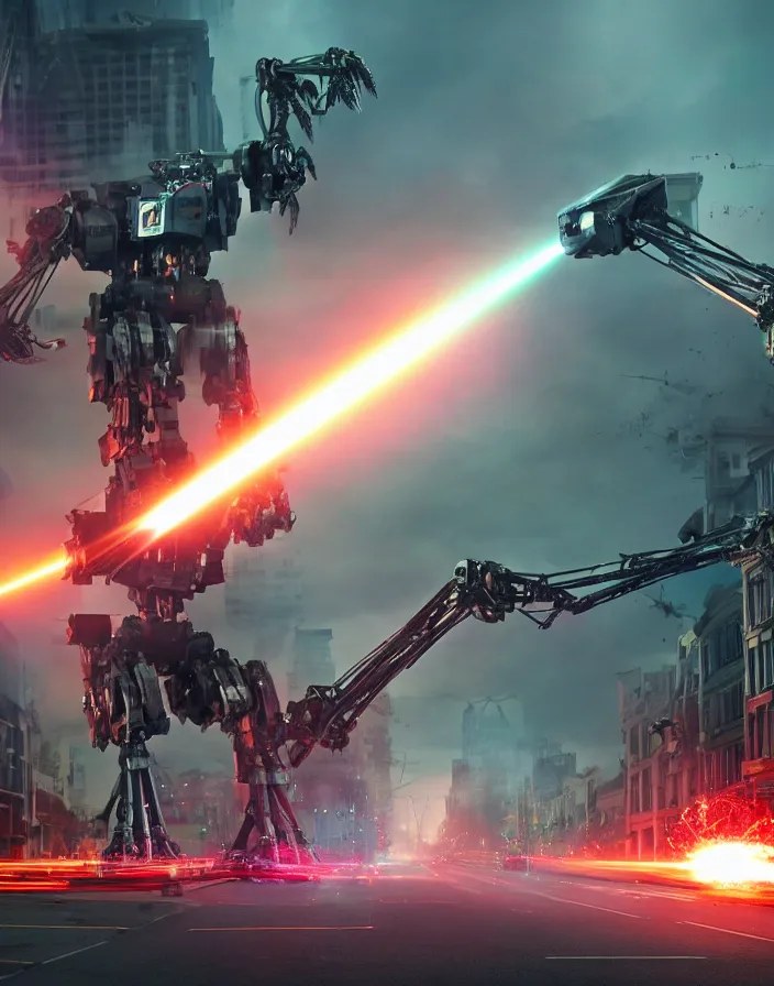 Prompt: huge giant mechanical mecha tripod monster firing huge laser beam from its eye at screaming scared running people on a busy city street, mayhem, rubble, explosion, dust, from the movie war of the worlds, cinematic, hyper realism, high detail, octane render, unreal engine, 8 k, vibrant colors, smooth gradients, high contrast, depth of field