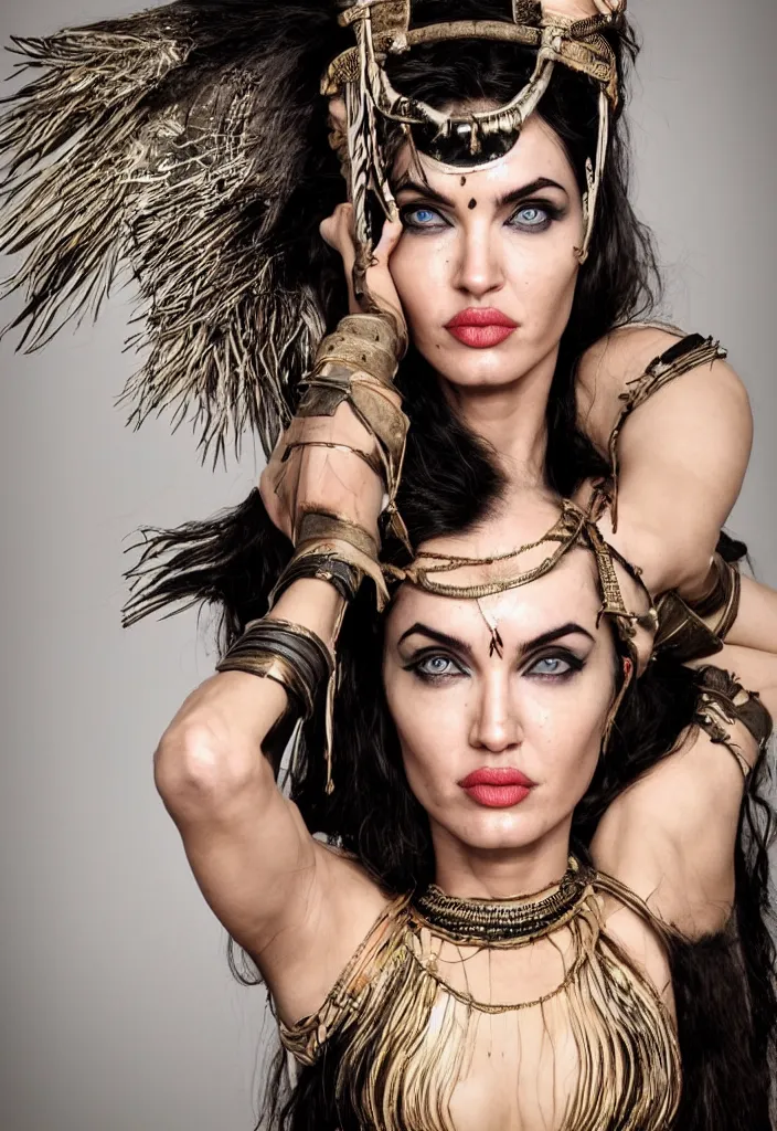 Prompt: full body photo, standing female warrior, provocative indian, nose of Angelina Jolie, lips of Megan Fox, big symmetrical eyes of Bjork, award winning photography by Leonardo Espina