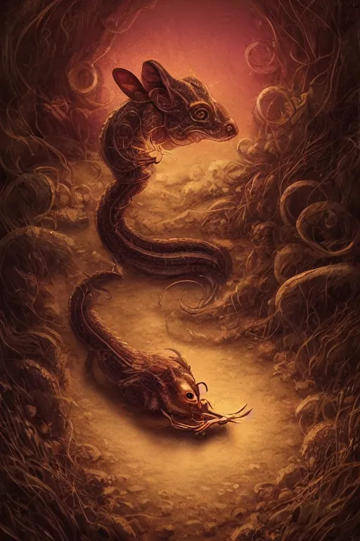 Image similar to portrait of wyrm mouse summoner physically accurate, moody dynamic lighting, very very intricate, very very elegant, highly detailed, digital painting, artstation, in the style of Rob Lefield and Dan Mumford , trending on artstation, digital art,surrealism ,macro,blueprint ,vaporwave ,