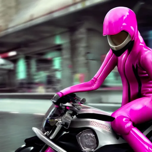 Prompt: hyper realistic, photo, humanoid pink female Squid girl, riding a motorcycle, popping wheelie fast in the rainy city traffic