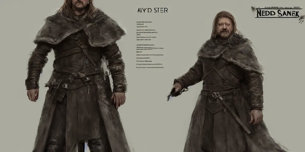 Image similar to ned stark, character sheet, concept design, contrast, hot toys, kim jung gi, greg rutkowski, zabrocki, karlkka, jayison devadas, trending on artstation, 8 k, ultra wide angle, pincushion lens effect