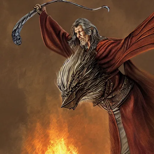 Image similar to gandalf flying on the back of smaug, lotr, highly detailed, digital art,