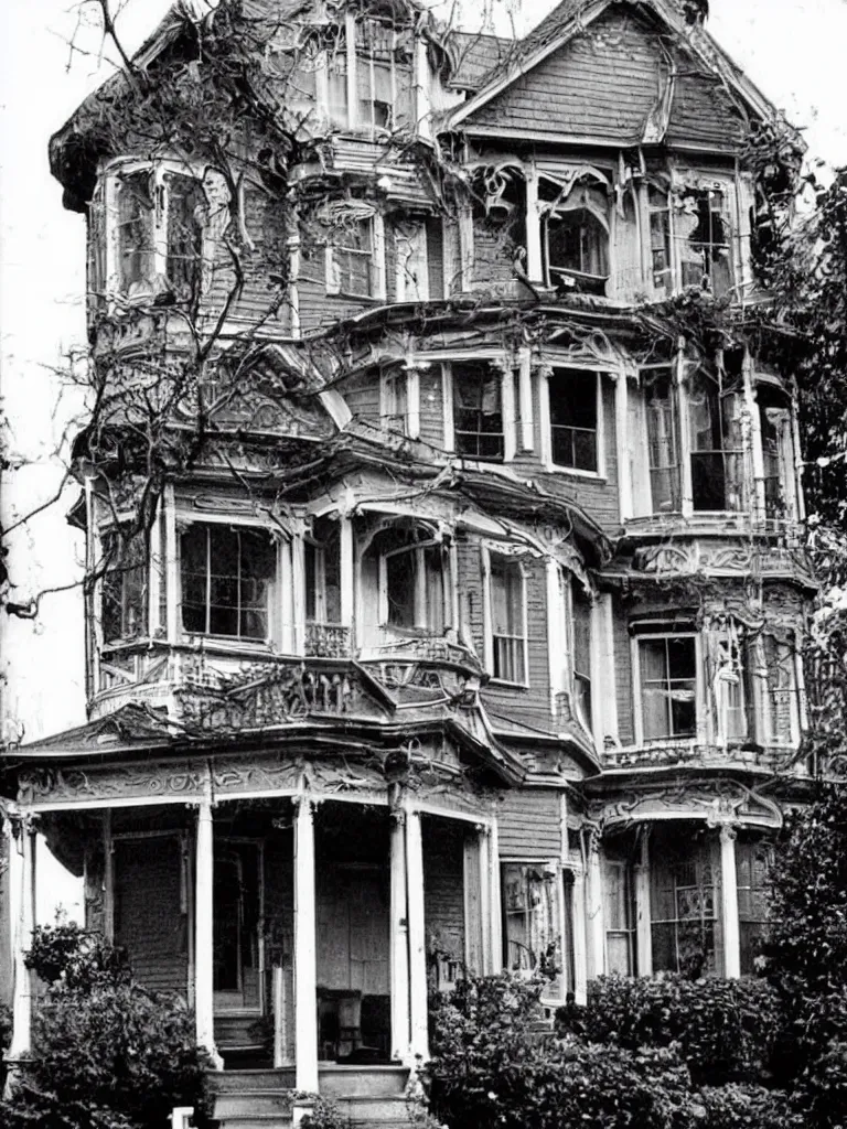 Image similar to 1970s photograph. beautiful exterior view of an old victorian house. a creepy man's face is in the window