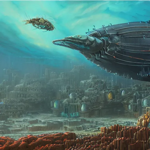 Image similar to A beautiful detailed matte painting of a giant cybernetic crab next to machinal sardines in a nuclear bomb war-ravaged underwater city, Atlantis, deep sea fish, underwater landscape, violent ocean, by andreas rocha and john howe, and Martin Johnson Heade, featured on artstation, featured on behance, golden ratio, ultrawide angle, f32, cyberpunk, well composed, cohesive, oceanblue darkblue black color palette