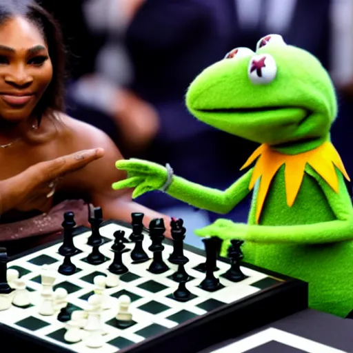 Prompt: Kermit the frog playing chess with Serena Williams photo 4k hd