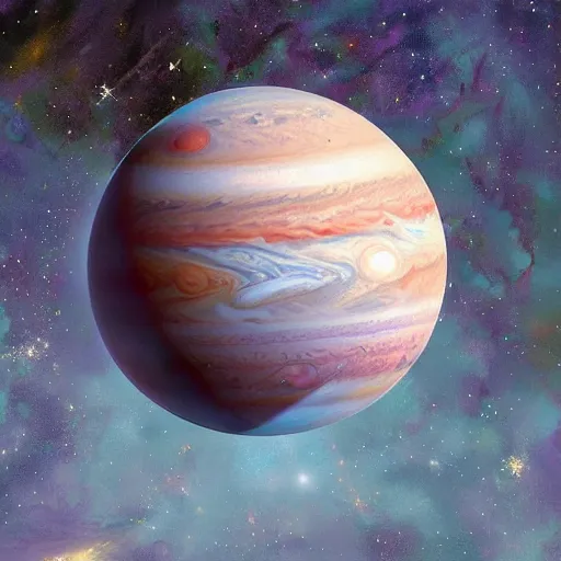 Image similar to jupiter, concept art, illustrated, highly detailed, high quality, bright colors, optimistic,