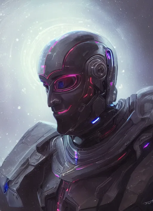 Image similar to portrait of handsome guy in cyber armor, dreamy and ethereal, expressive pose, black eyes, exciting expression, fantasy, intricate, elegant, many lightning, cold color, highly detailed, digital painting, artstation, concept art, cyberpunk wearing, smooth, sharp focus, led, illustration.