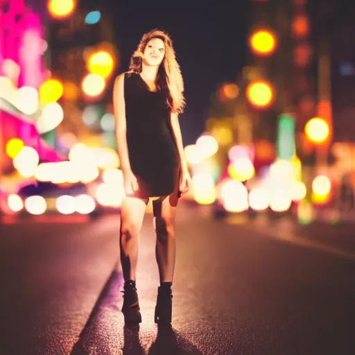 Image similar to photograph of a beautiful young woman in a city at night with bokeh, lens flare, out of focus light sources