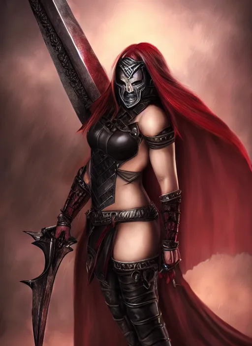 Prompt: female vampire warrior, full body portrait, realistic, sharp teeth, grinning, muscular, flying, barefoot, exposed feet, black full plate armor, historical armor, covered chest, metal mask, huge two - handed sword, claymore, ghostblade, wlop, asian fantasy.