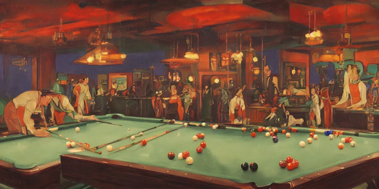 Prompt: smokey pool hall from an story theme of wizards of science (oil paint on canvas, art deco era)