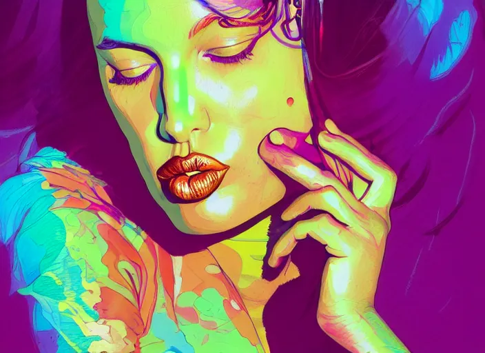 Prompt: A psychedelic portrait of very obese and fat angelina jolie, vibrant color scheme, highly detailed, in the style of romanticism, cinematic, artstation, Moebius, Greg rutkowski