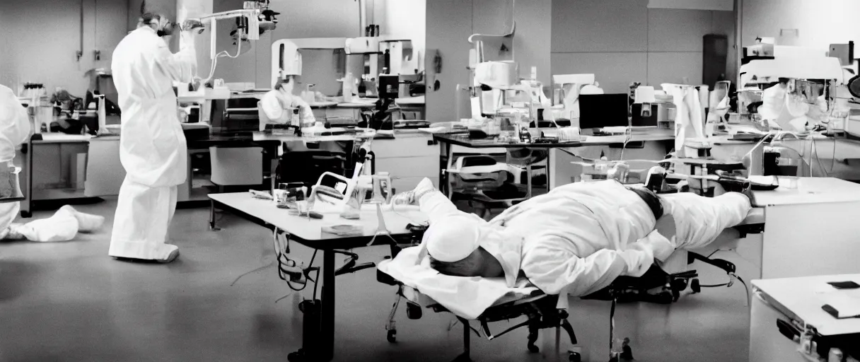 Image similar to filmic dutch angle movie still 4 k uhd 3 5 mm film color photograph of a seriously injured scientist with broken legs and broken arms lying face down in a lab