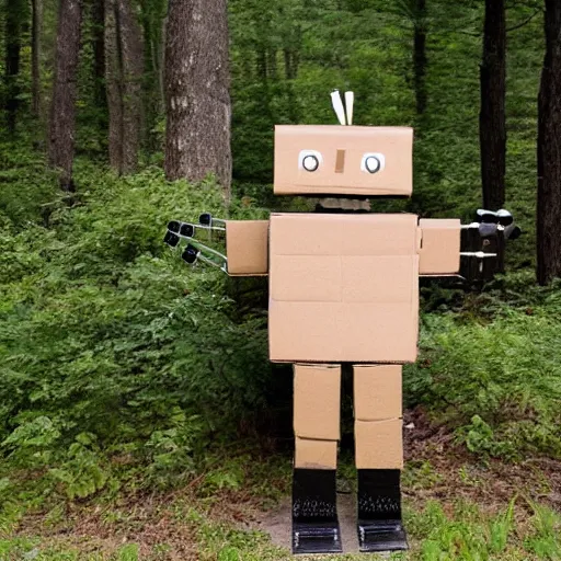 Prompt: robot made of a cardboard box, walking through the forest, in the style of Norman Rockwell