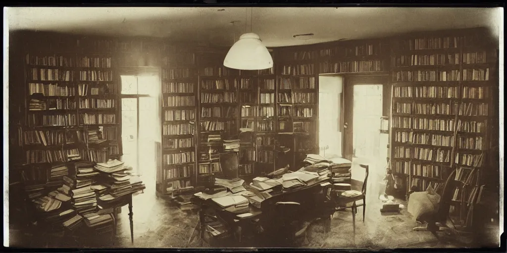 Prompt: 1880, inside a writer room, many books, piles of books, beautiful light, long shadows, 50 mm lens, polaroid photo, yellowed, crackles, scratches, dust, stains