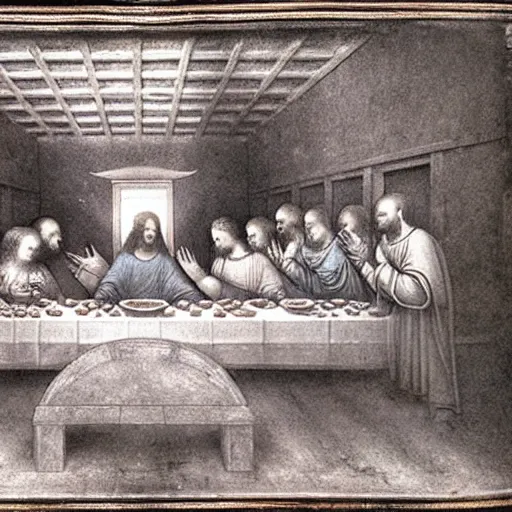 Image similar to x - ray imaging photograph of the last supper by leonardo da vinci