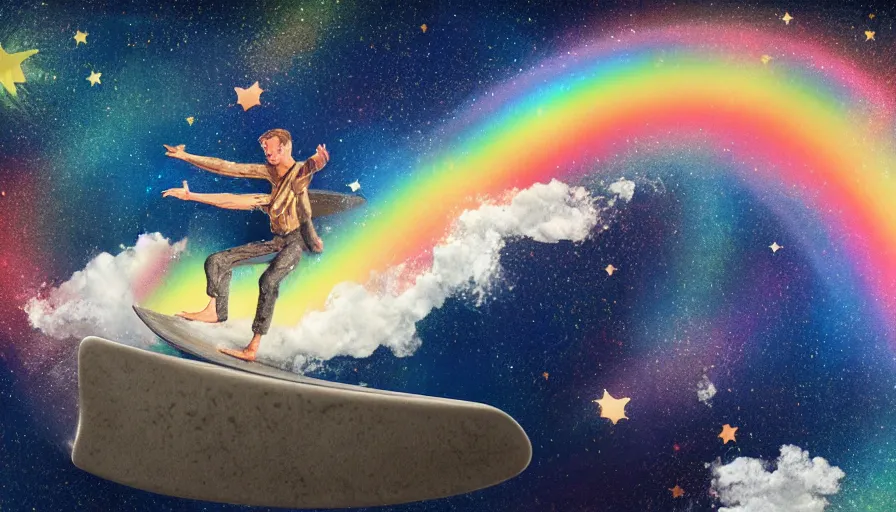 Prompt: a white man surfing on a big anvil in space, leaving a rainbow behind him, around thousand of stars, photorealistic, highly detailed, digital illustration