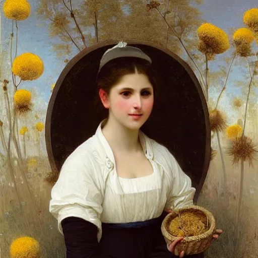 Prompt: A portrait of a fox wearing a white dress and a hat covered in dandelions, beautiful soft painting by William-Adolphe Bouguereau and Robert Cleminson